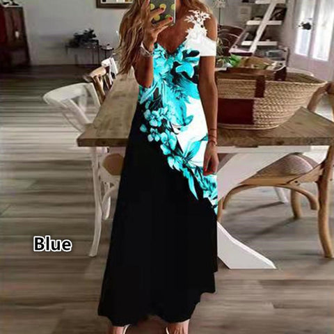 Robe ample imprimée à col en V et bretelles en dentelle pour l'été m301218 