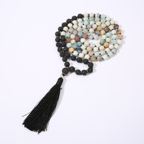 Collier de 108 perles en pierre naturelle Mara, chaîne de pull nouée à la main avec franges m3331281 