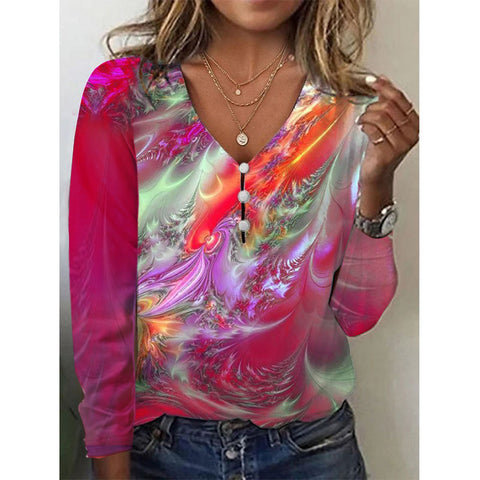 Pull-shirt à manches longues et col en V avec boutons nacrés et étoiles tie-dye m300609 