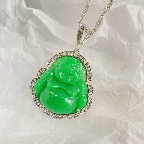 Pendentif Bouddha Maitreya en calcédoine malaise serti de diamants de style chinois, pendentif Bouddha Maitreya à gros ventre m3331257