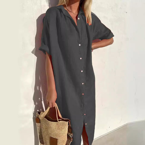 Robe chemise élégante, décontractée, ample, à manches courtes, en coton et lin, avec poches longues, m301256 