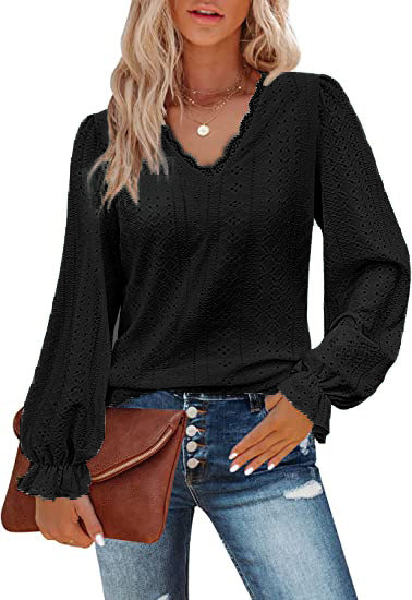 V-Ausschnitt Hohl Casual Plissee Ärmel Top Shirt Herbst m300647