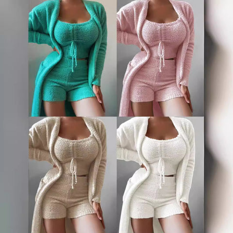 Plüschiges dreiteiliges Pyjama-Set mit Schnürung, lässiges Loungewear-Set, m301066 