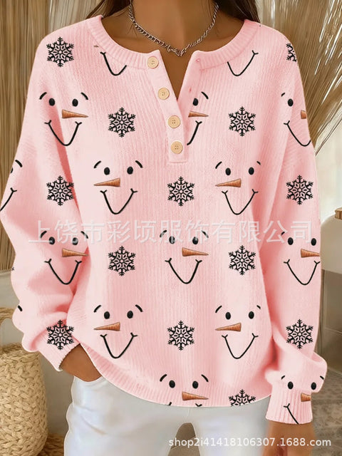 New Christmas sweater casual print cute button-up women's top FF303407