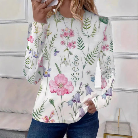 T-shirt ample à manches longues et col rond pour femme, imprimé rétro classique, m301237 
