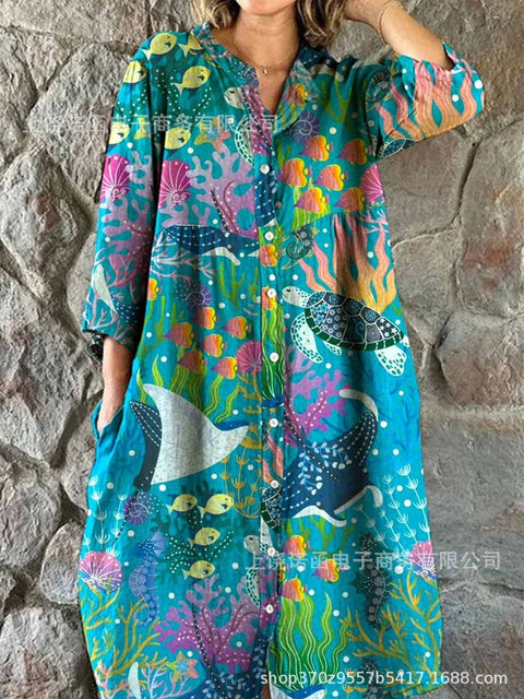 Robe chemise ample à col ras du cou et manches longues pour femme, imprimée, de qualité supérieure, m301050