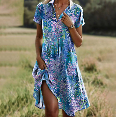Robe longue à col ras du cou et manches courtes, imprimé bohème m300908 