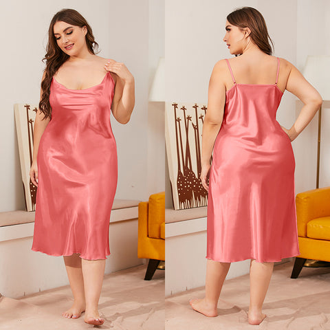 Chemise de nuit en soie glacée pour femme, tenue d'été une pièce, col pivotant, bretelles, ample, m301494 