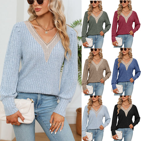 T-shirt ample à manches longues et col en V pour femme, en dentelle, avec bandes sous les aisselles, poli, ample, m300519 