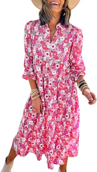 Robe ample à manches longues et col en V pour femme, style bohème, florale, élégante, en forme de A, m300573 