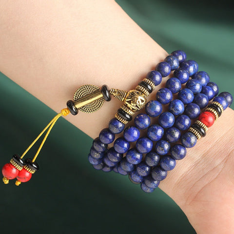 Bracelet Bouddha en lapis-lazuli, 108 perles et turquoise rouge m3331230