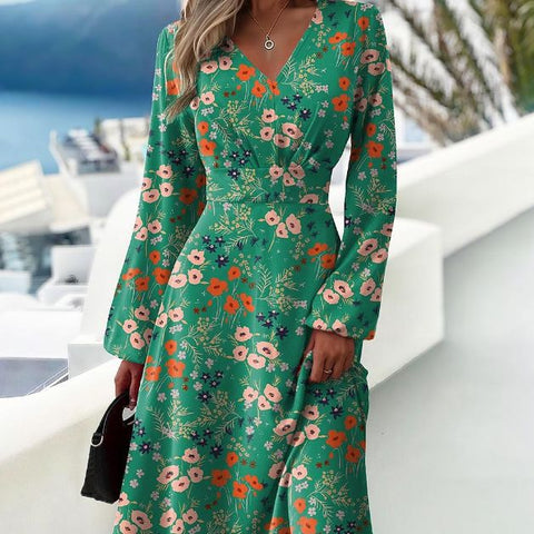 Robe imprimée tendance à col en V et manches longues m300931 
