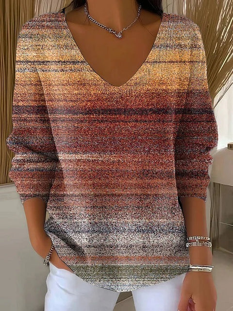 Shoulder V-Neck Long Sleeve Pullover 3D Digital Printing Women's Top T-Shirt m302616