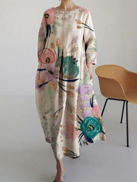 Robe ample à col ras du cou et manches longues imprimée haut de gamme m301044