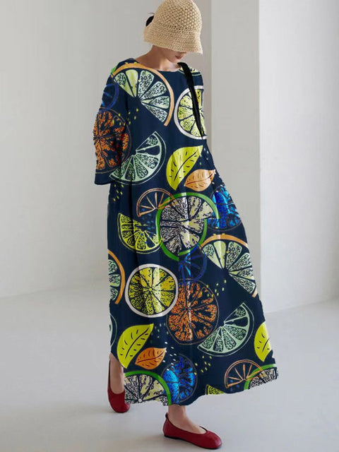 Robe ample à col ras du cou et manches longues imprimée haut de gamme m301044