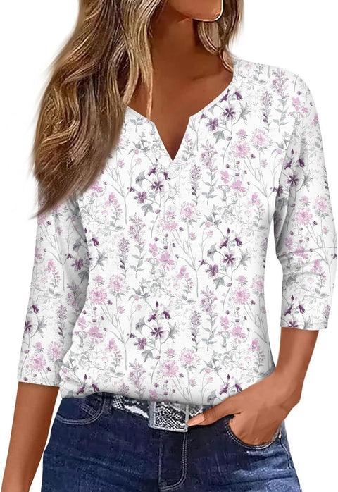 Vêtements pour femmes à motif marbré, col en V, trois boutons, manches sept-quarts, m300581 