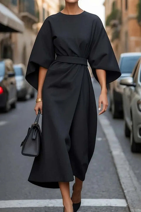 Fashion temperament elegant solid color waist dress casual bat sleeve long dress m301326