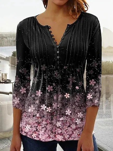 T-shirt imprimé à col en V et manches courtes, boutonné et plissé, m300032 