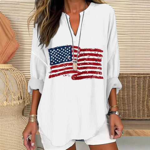 Lockeres 3D-bedrucktes Langarm-T-Shirt mit V-Ausschnitt m301360 