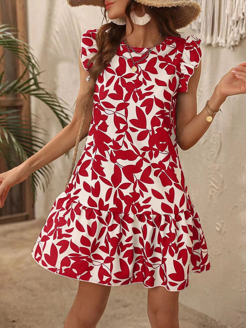 Robe à col ras du cou et manches volantées, imprimé feuilles de lotus, pour femme, M301018 