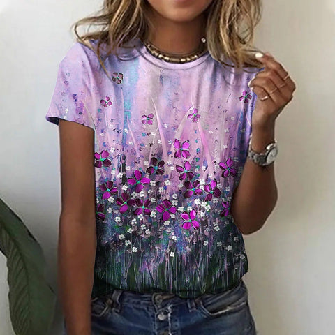 Damen T-Shirt rosa blau grün Blumendruck Kurzarm m300912 