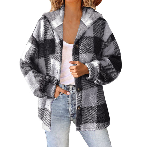 Bedruckte karierte Kapuzenjacke mit Knöpfen, Plüsch-Thermojacke für Damen, m300438 
