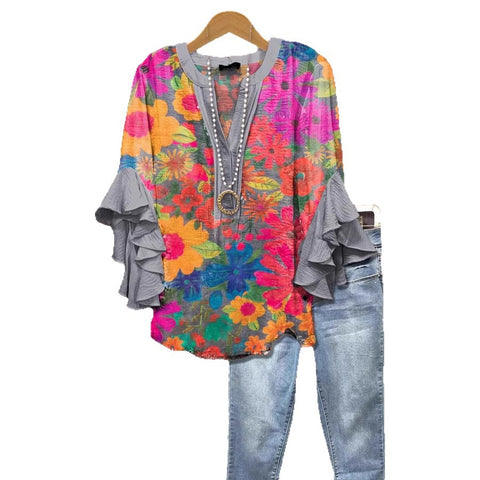 Creative floral element printing digital printing casual trend V-neck lotus edge T-shirt women's top m301778