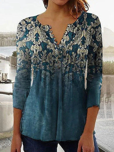 T-shirt imprimé à col en V et manches courtes, boutonné et plissé, m300032 