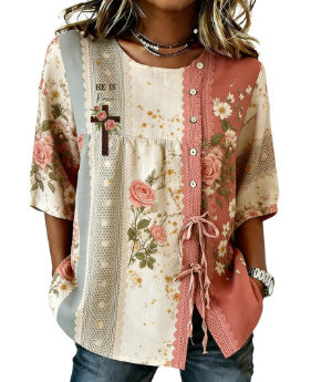 Color matching loose blouse five-button drawstring shirt m302758
