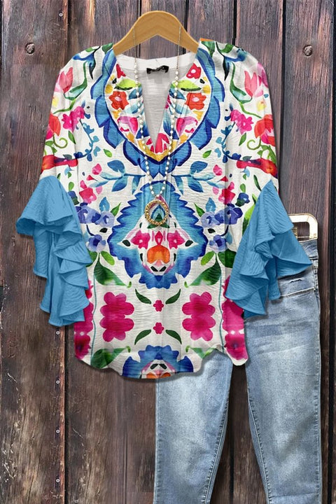 Creative floral element printing digital printing casual trend V-neck lotus edge T-shirt women's top m301778