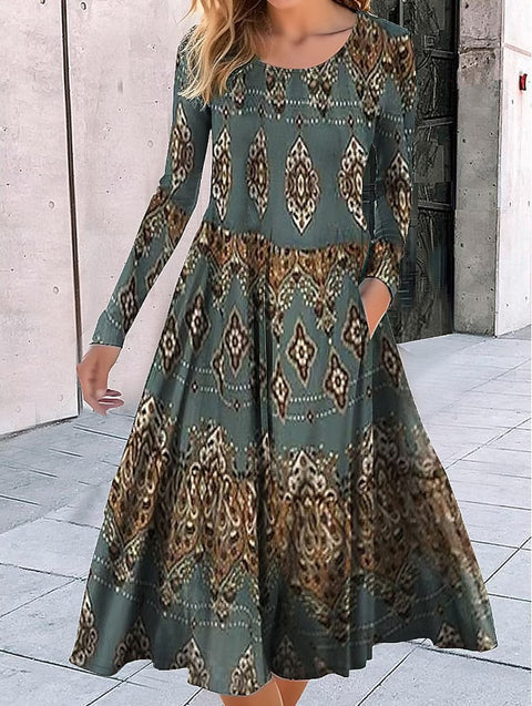 Robe ample à col ras du cou et manches longues, imprimé géométrique, style pendule, m300700 