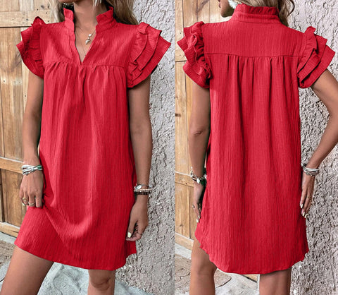 Robe pull polyvalente à col en V et manches en feuille de lotus multicouches m301019 