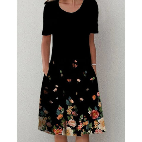 Robe mi-longue à imprimé floral, col rond, poches, printemps/été, pour femme, m300037 