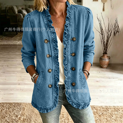 Washed denim jacket women's ruffle edge button-up denim jacket m303256