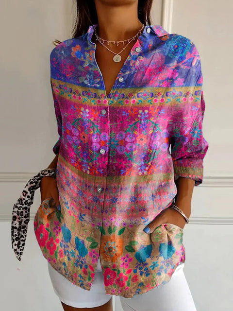 3D digital printing abstract pattern women's long-sleeved buckle linen shirt m302749-03