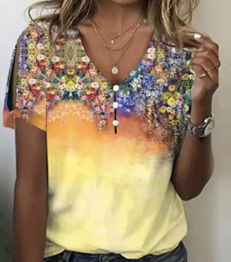 3D printed V-neck button-up T-shirt top daily short-sleeved m301263