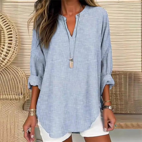 Petit T-shirt à manches longues et col en V pour femme, boutonné sur l'épaule, ourlet incurvé, m301361 