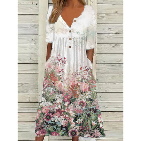 Robe imprimée à manches courtes et col en V avec poches pour femme et jupe longue m300028 