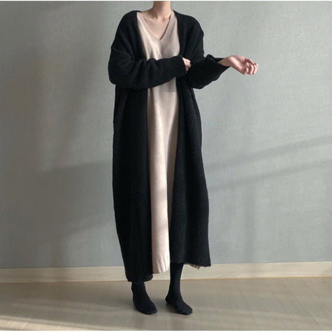 Long knitted cardigan over knee strap split loose sweater jacket women's m302061