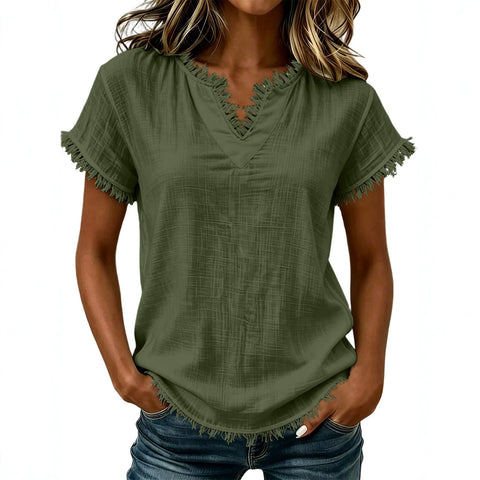 Spring and summer retro casual V-neck fringed short-sleeved top FF303161