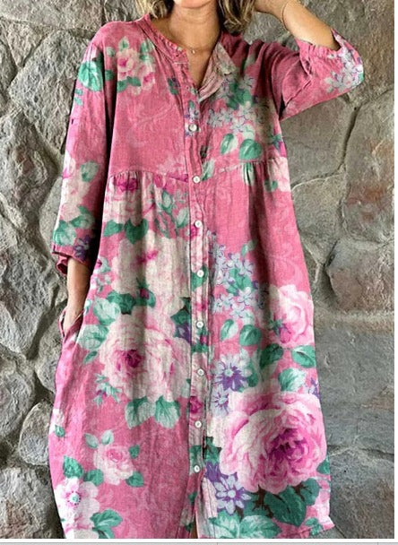 Robe chemise ample à col ras du cou et manches longues pour femme, imprimée, de qualité supérieure, m301050