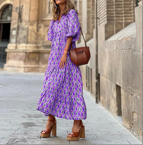 Robe à manches bouffantes à imprimé géométrique, jupe de rue frite m300902 