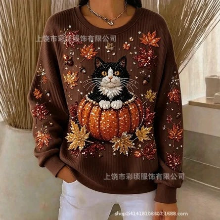 Women's autumn drop shoulder crew neck sweatshirt 3D digital print crew neck FF303475
