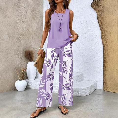Lässige Pulloverweste mit quadratischem Ausschnitt und Hose mit Digitaldruck für Damen, zweiteilig, m301436 