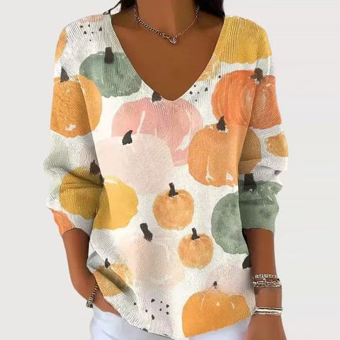 Shoulder V-Neck Long Sleeve Pullover 3D Digital Printing Women's Top T-Shirt m302616