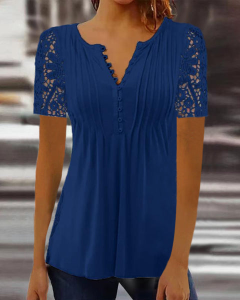 Lace Sleeve Pleated Solid Color Button T-Shirt Bottom Shirt m301333