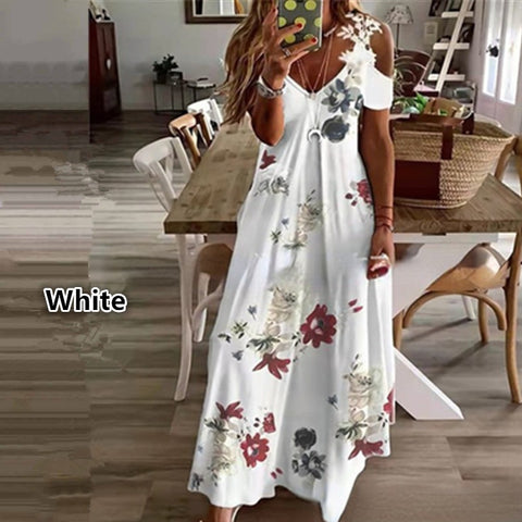Robe ample imprimée à col en V et bretelles en dentelle pour l'été m301218 