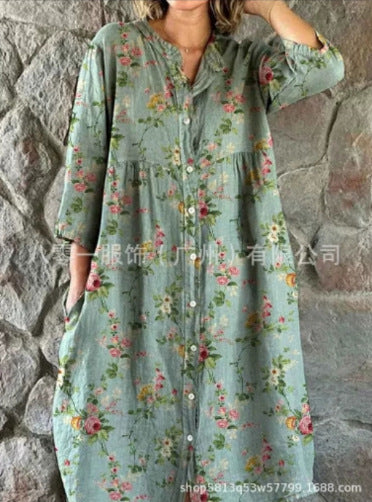 Robe chemise ample à col ras du cou et manches longues pour femme, imprimée, de qualité supérieure, m301050