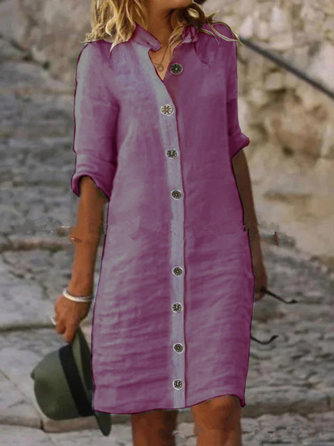 Robe en coton et lin à col chemise et manches mi-longues, grande boucle ronde M300218