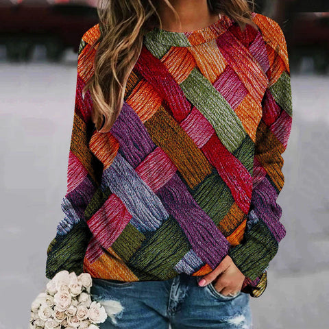 Printed Splicing Crew Neck Shoulder Sleeve Women's Sweater m302176
